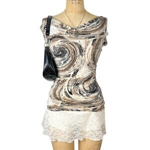 Y2k 90's Retro Swirl Print Cowl Neck Top Y2K Indie Sequin Embellished Sz S